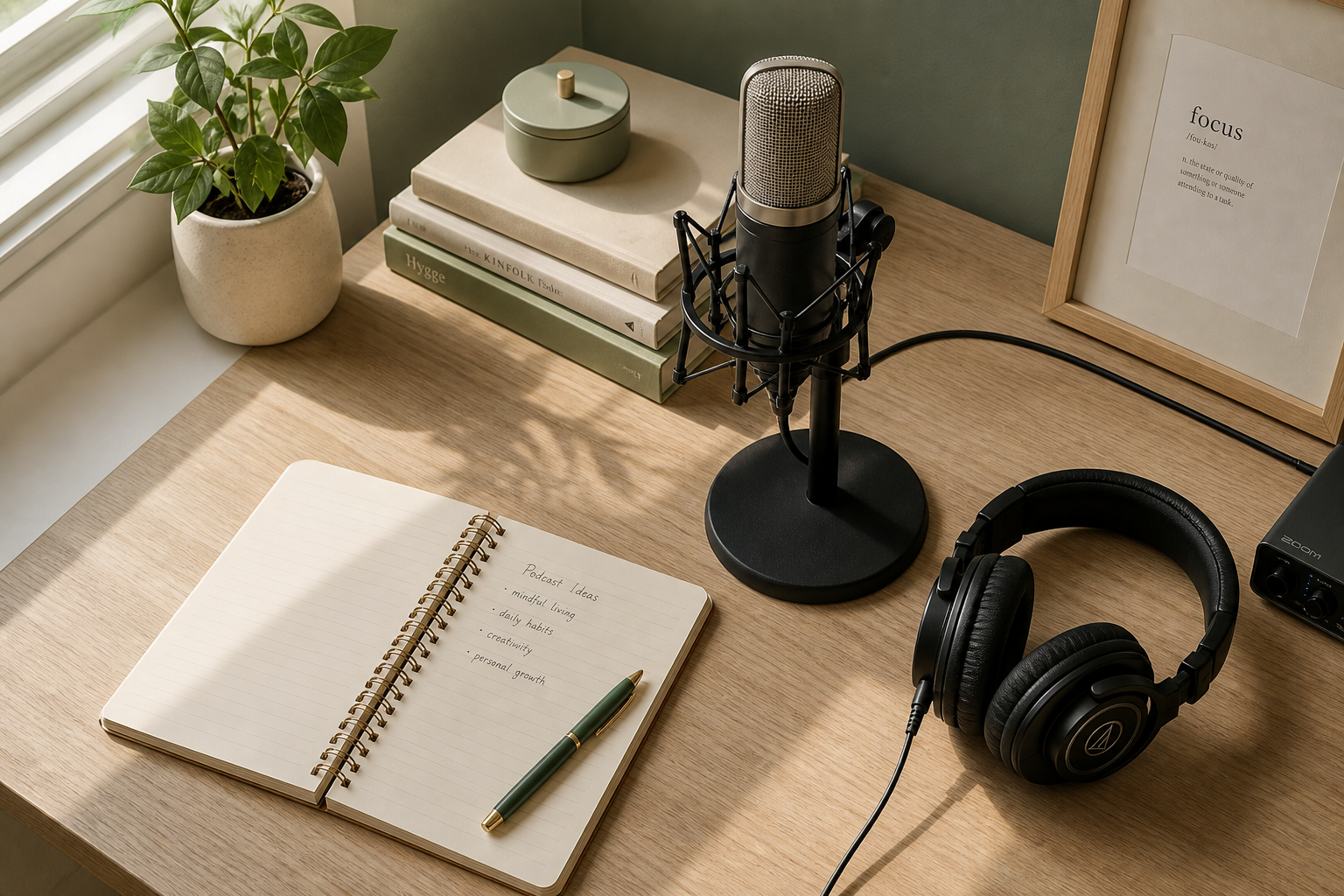 Professionelles Audio-Recording-Setup auf hellem Holzschreibtisch mit Mikrofon und Kopfhörern